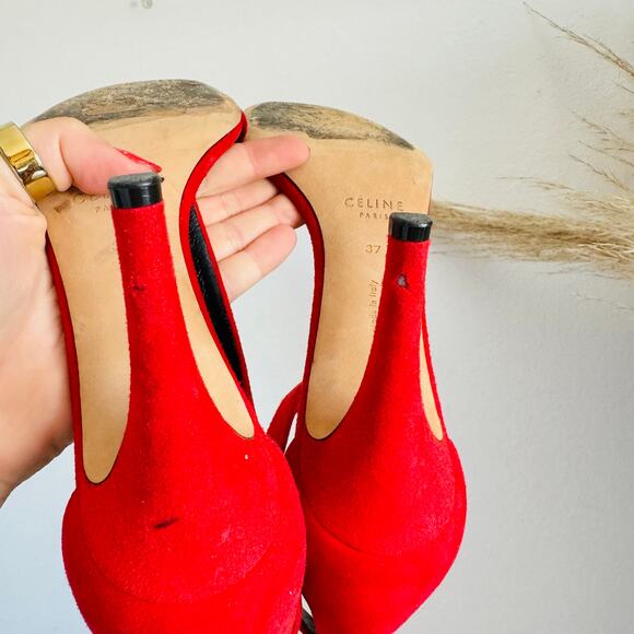 CELINE PARIS Italy Red Suede Gold Stiletto Ankle Strap High Heel Sandals 37 - Picture 8 of 14